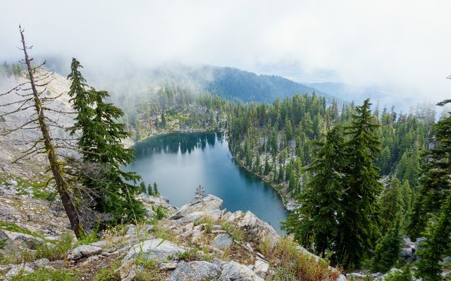 Smith Lake, far below in the mist