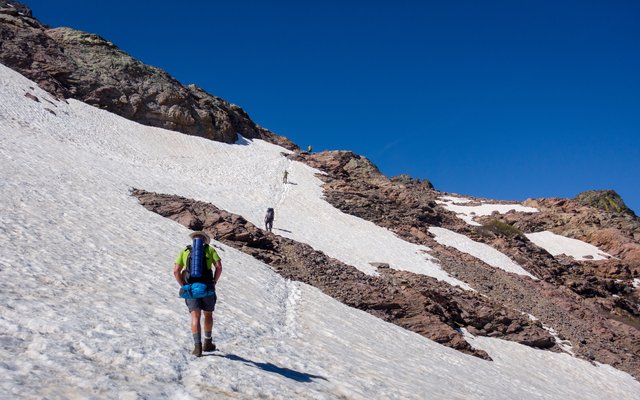 Up the snow... it was hot climbing up