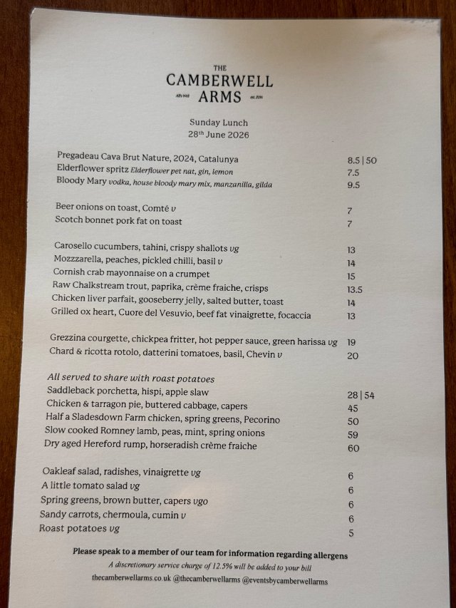 Camberwell Arms menu